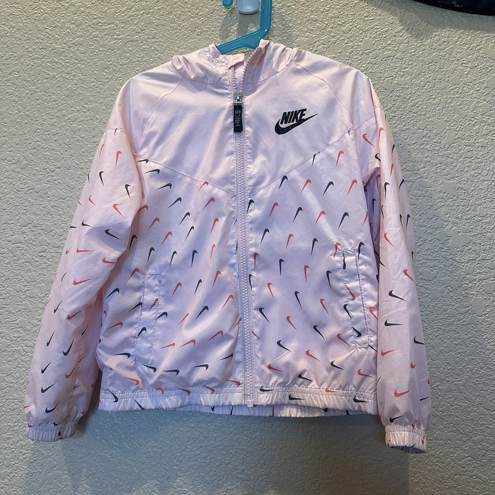 Nike Jacket Size LG 6X Girls Pink Hooded Windbreaker Lined Lightweight Coat